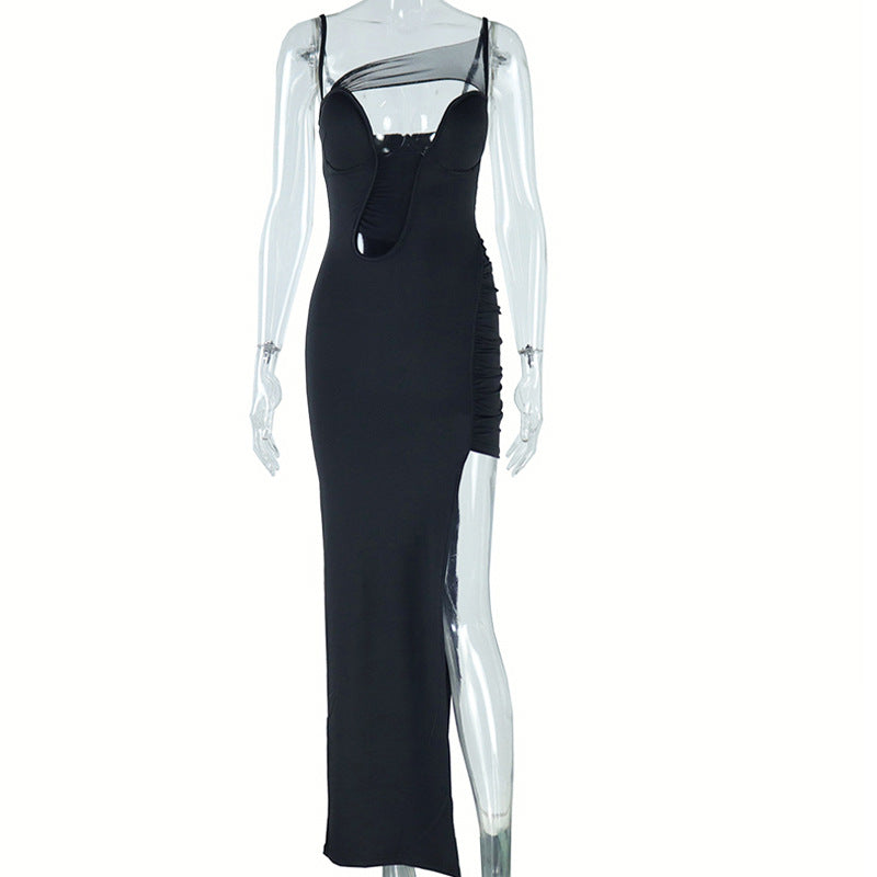 Sexy Cutout Dress Mesh Stitching Mid Length Slit Sheath Dress Solid Color Pullover Dress Gown Bella Mia
